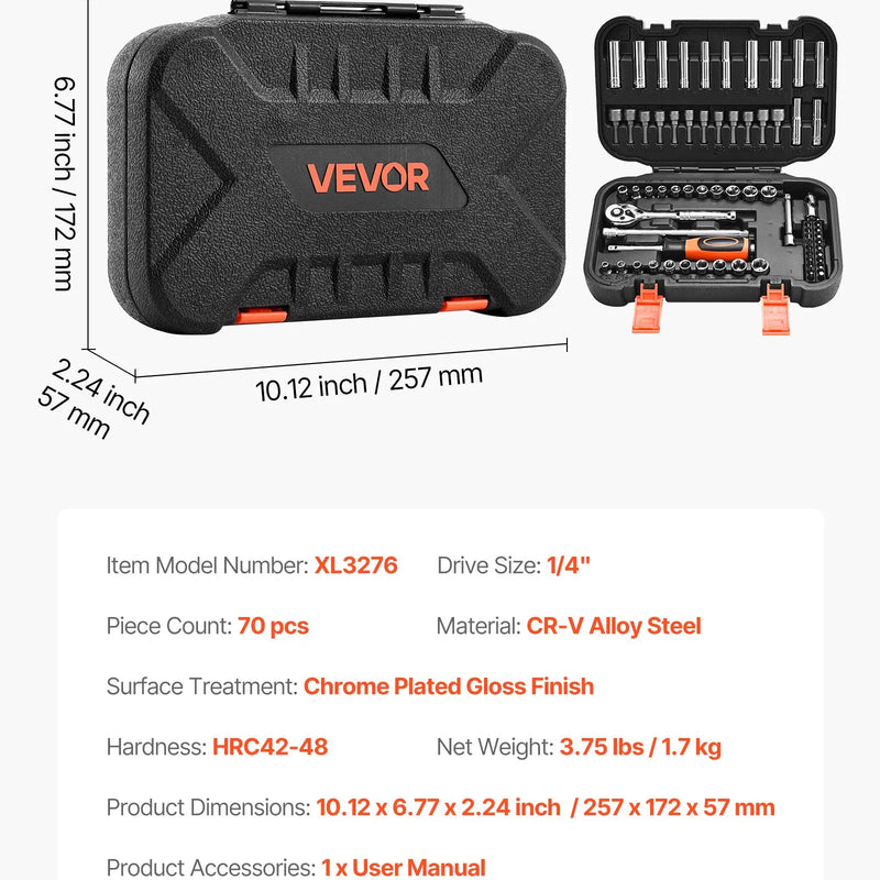 VEVOR 70 gab. uzgaļu un sprūdrata komplekts, 6,4 mm piedziņa, SAE un metriskie dziļie un seklie uzgaļi, Cr-V tērauds, ar bitēm, piederumiem un uzglabāšanas koferi, auto remontam