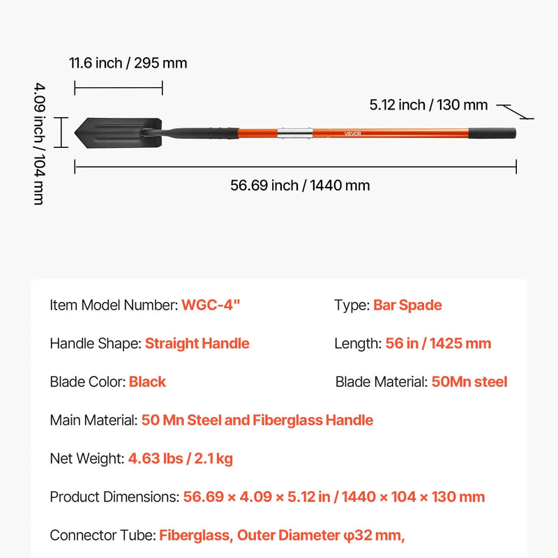 Траншейная лопата 10,4 см Прочное лезвие с фиберглассовой ручкой и нескользящей рукояткой 142,5 см