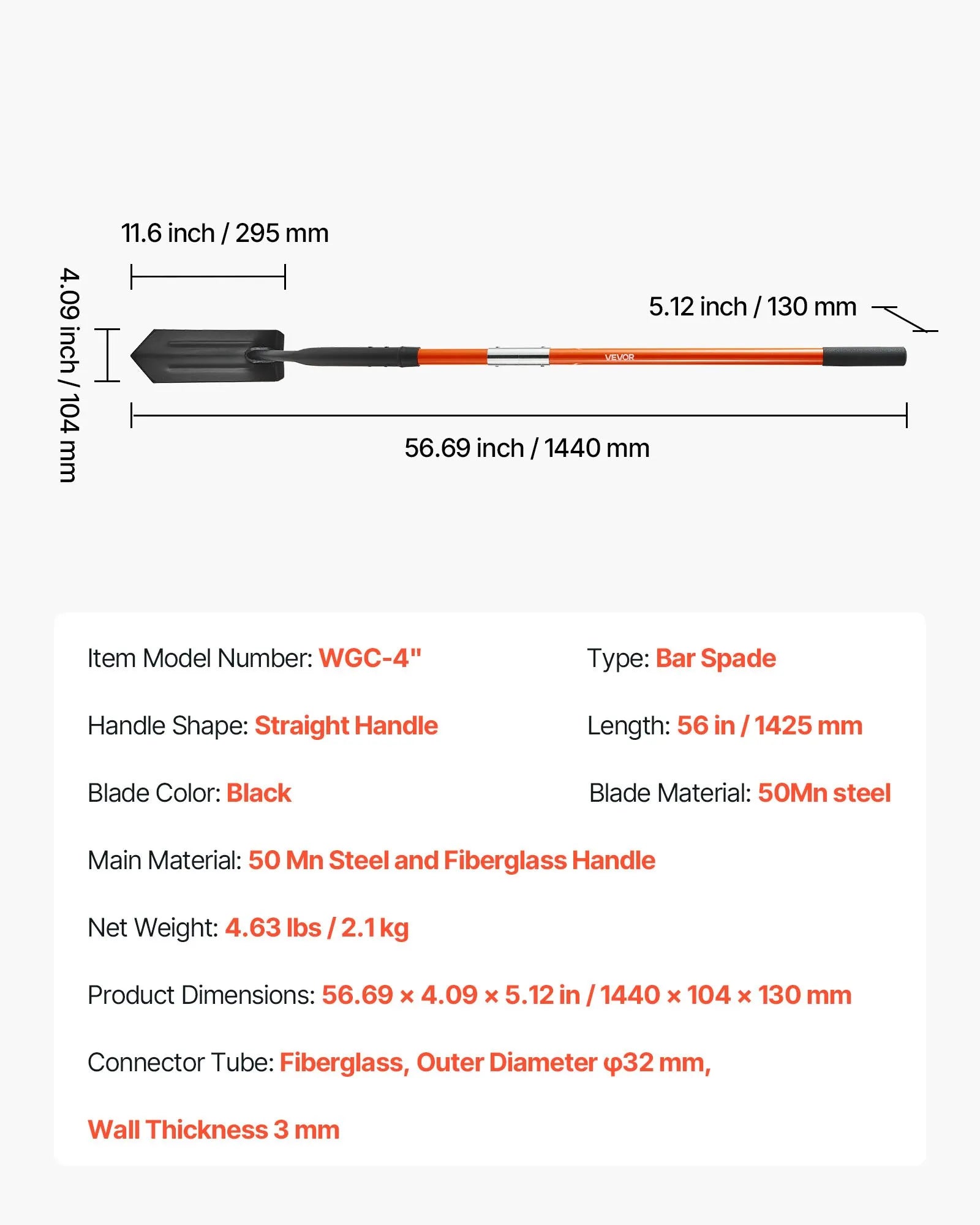 Tranšeju lāpsta 10,4 cm smagā darba asmens ar stiklašķiedras kātu un neslīdošu rokturi 142,5 cm