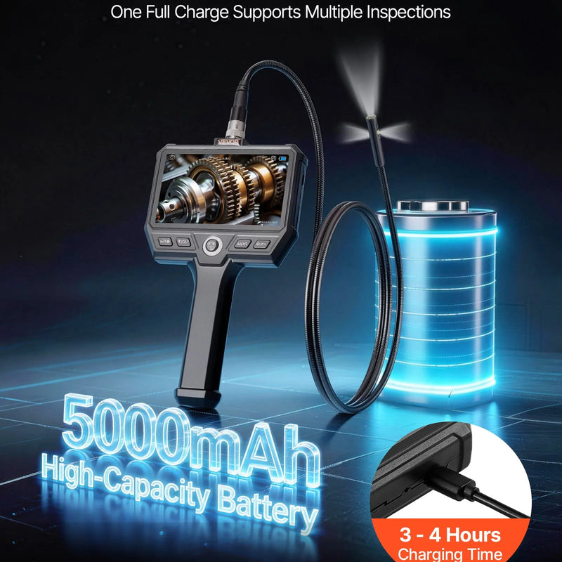 VEVOR trīskāršās kameras endoskops ar apgaismojumu, 5" HD IPS ekrāns, industriālā inspekcijas kamera, 8× tālummaiņa, 5000 mAh akumulators, IP67, 1,5 m kabelis