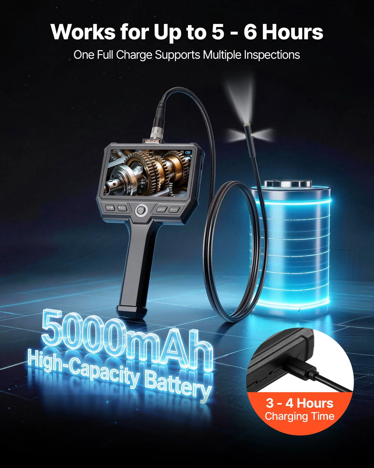 VEVOR trīskāršās kameras endoskops ar apgaismojumu, 5" HD IPS ekrāns, industriālā inspekcijas kamera, 8× tālummaiņa, 5000 mAh akumulators, IP67, 1,5 m kabelis