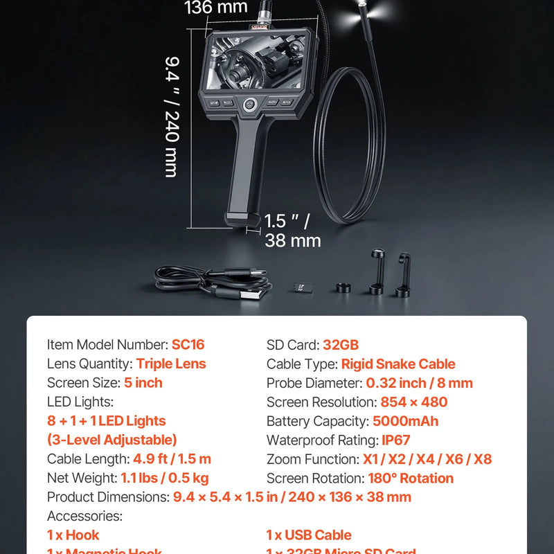 VEVOR trīskāršās kameras endoskops ar apgaismojumu, 5" HD IPS ekrāns, industriālā inspekcijas kamera, 8× tālummaiņa, 5000 mAh akumulators, IP67, 1,5 m kabelis