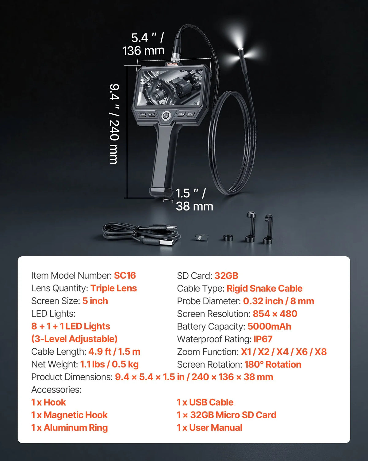 VEVOR trīskāršās kameras endoskops ar apgaismojumu, 5" HD IPS ekrāns, industriālā inspekcijas kamera, 8× tālummaiņa, 5000 mAh akumulators, IP67, 1,5 m kabelis