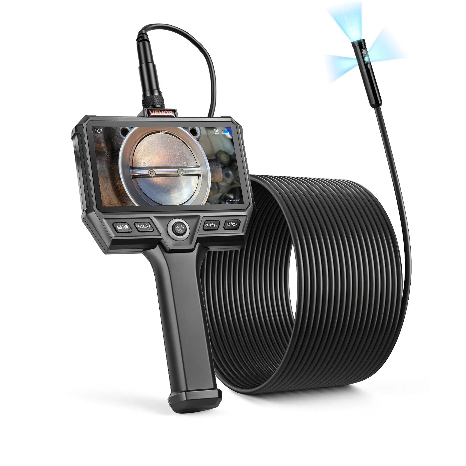 VEVOR trīskāršās kameras endoskops ar 10 m īpaši stingru kabeli, industriālais boreskops ar apgaismojumu, 12,7 cm HD IPS ekrāns, 8 + 2 LED gaismas, 8× tālummaiņa, 5000 mAh akumulators un IP67 ūdensizturība auto diagnostikai un cauruļvadu pārbaudei