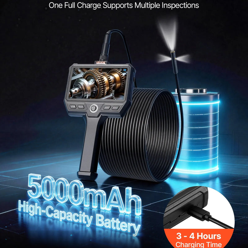 VEVOR trīskāršās kameras endoskops ar 10 m īpaši stingru kabeli, industriālais boreskops ar apgaismojumu, 12,7 cm HD IPS ekrāns, 8 + 2 LED gaismas, 8× tālummaiņa, 5000 mAh akumulators un IP67 ūdensizturība auto diagnostikai un cauruļvadu pārbaudei