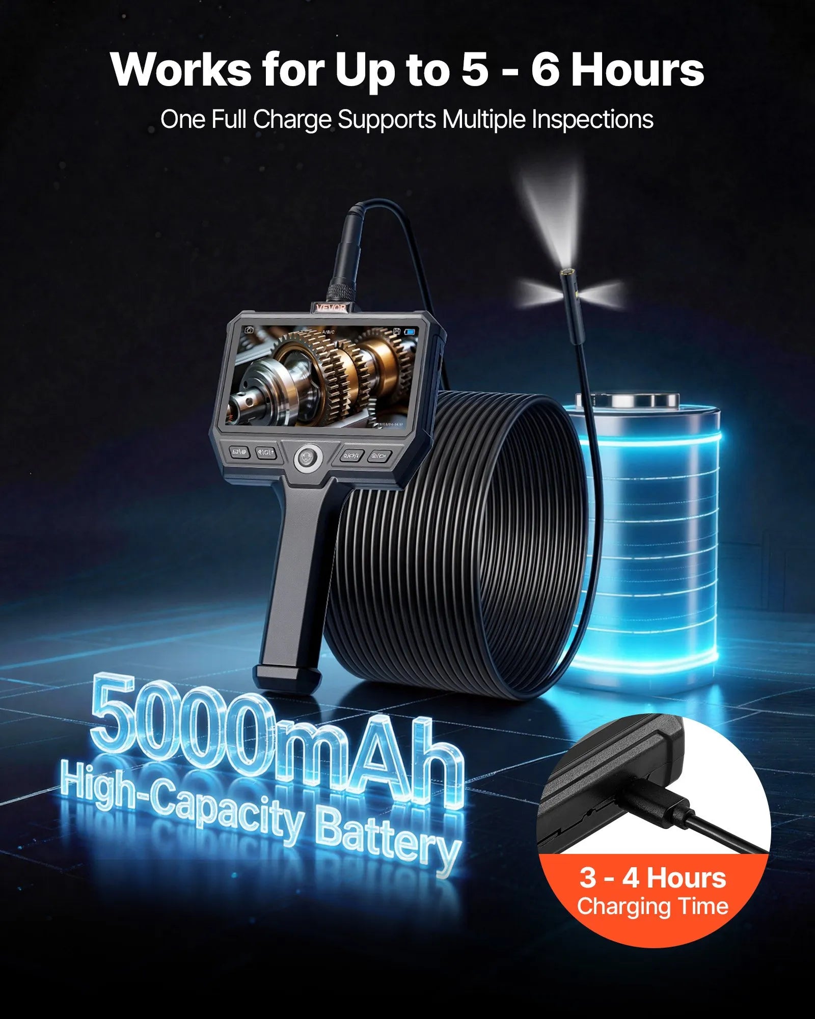 VEVOR trīskāršās kameras endoskops ar 10 m īpaši stingru kabeli, industriālais boreskops ar apgaismojumu, 12,7 cm HD IPS ekrāns, 8 + 2 LED gaismas, 8× tālummaiņa, 5000 mAh akumulators un IP67 ūdensizturība auto diagnostikai un cauruļvadu pārbaudei