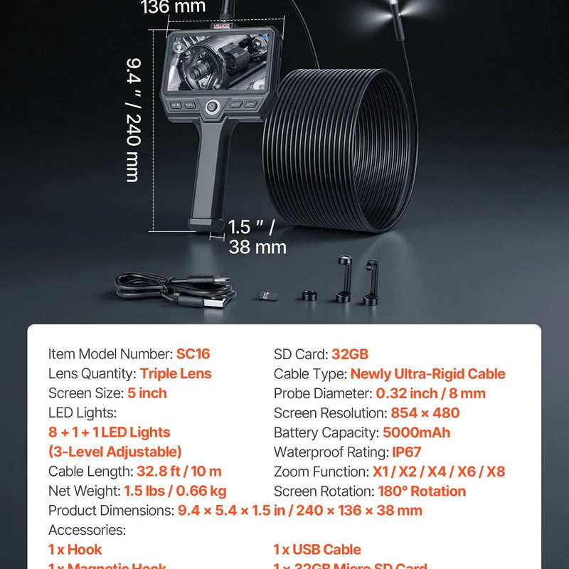 VEVOR trīskāršās kameras endoskops ar 10 m īpaši stingru kabeli, industriālais boreskops ar apgaismojumu, 12,7 cm HD IPS ekrāns, 8 + 2 LED gaismas, 8× tālummaiņa, 5000 mAh akumulators un IP67 ūdensizturība auto diagnostikai un cauruļvadu pārbaudei