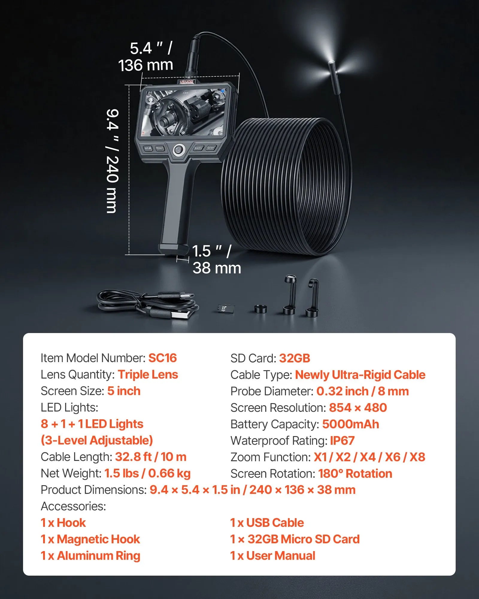 VEVOR trīskāršās kameras endoskops ar 10 m īpaši stingru kabeli, industriālais boreskops ar apgaismojumu, 12,7 cm HD IPS ekrāns, 8 + 2 LED gaismas, 8× tālummaiņa, 5000 mAh akumulators un IP67 ūdensizturība auto diagnostikai un cauruļvadu pārbaudei