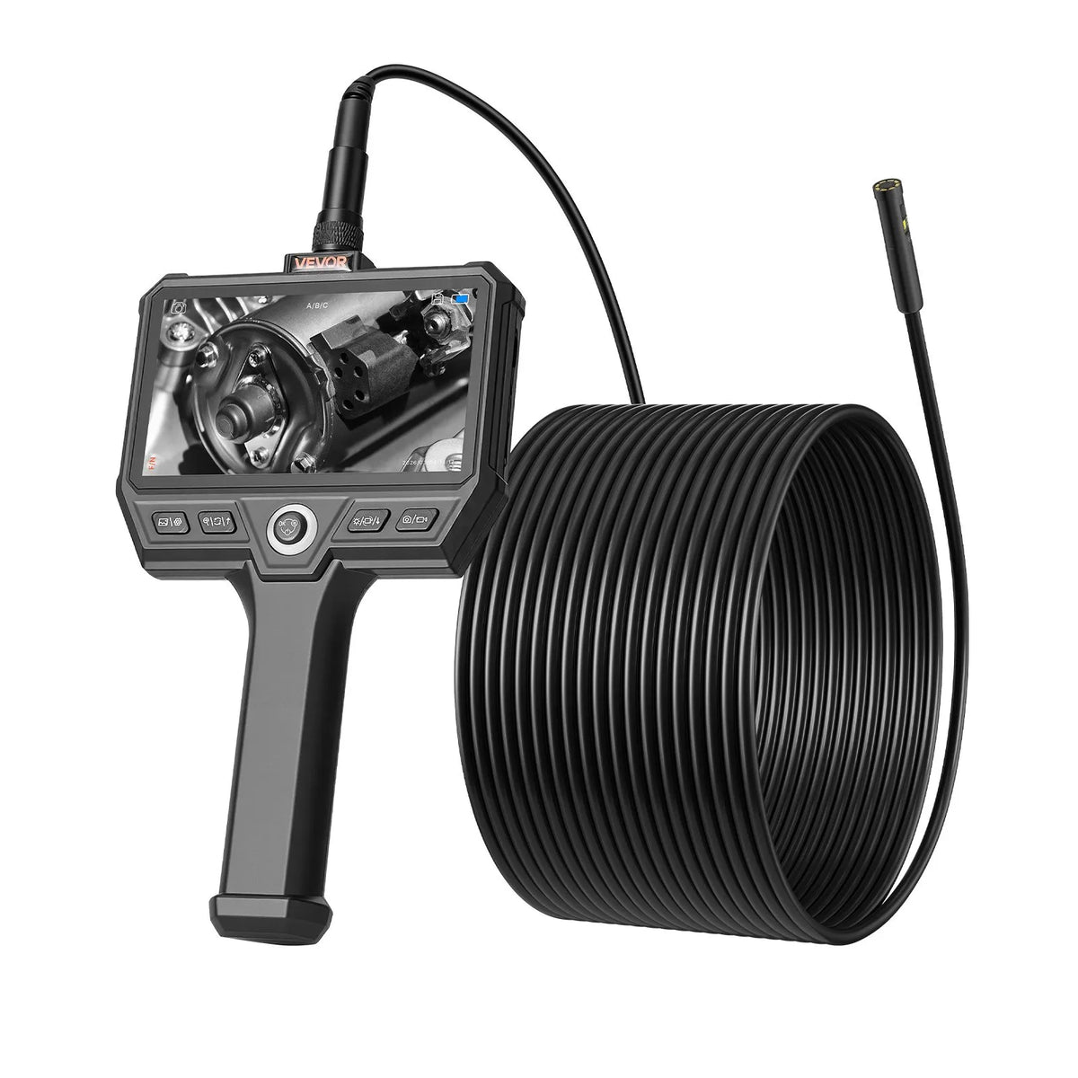 VEVOR trīskāršās kameras endoskops ar 10 m īpaši stingru kabeli, industriālais boreskops ar apgaismojumu, 12,7 cm HD IPS ekrāns, 8 + 2 LED gaismas, 8× tālummaiņa, 5000 mAh akumulators un IP67 ūdensizturība auto diagnostikai un cauruļvadu pārbaudei