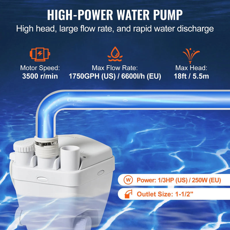 VEVOR saimniecības izlietnes drenāžas sūkņa sistēma 200 W, plūsma līdz 5700 l/h, pacelšanas augstums 5,5 m, 38 mm izplūde, zema trokšņa līmeņa un pret koroziju izturīgs sūknis villām, pagrabiem, veļas mašīnām, izlietnēm un bāriem