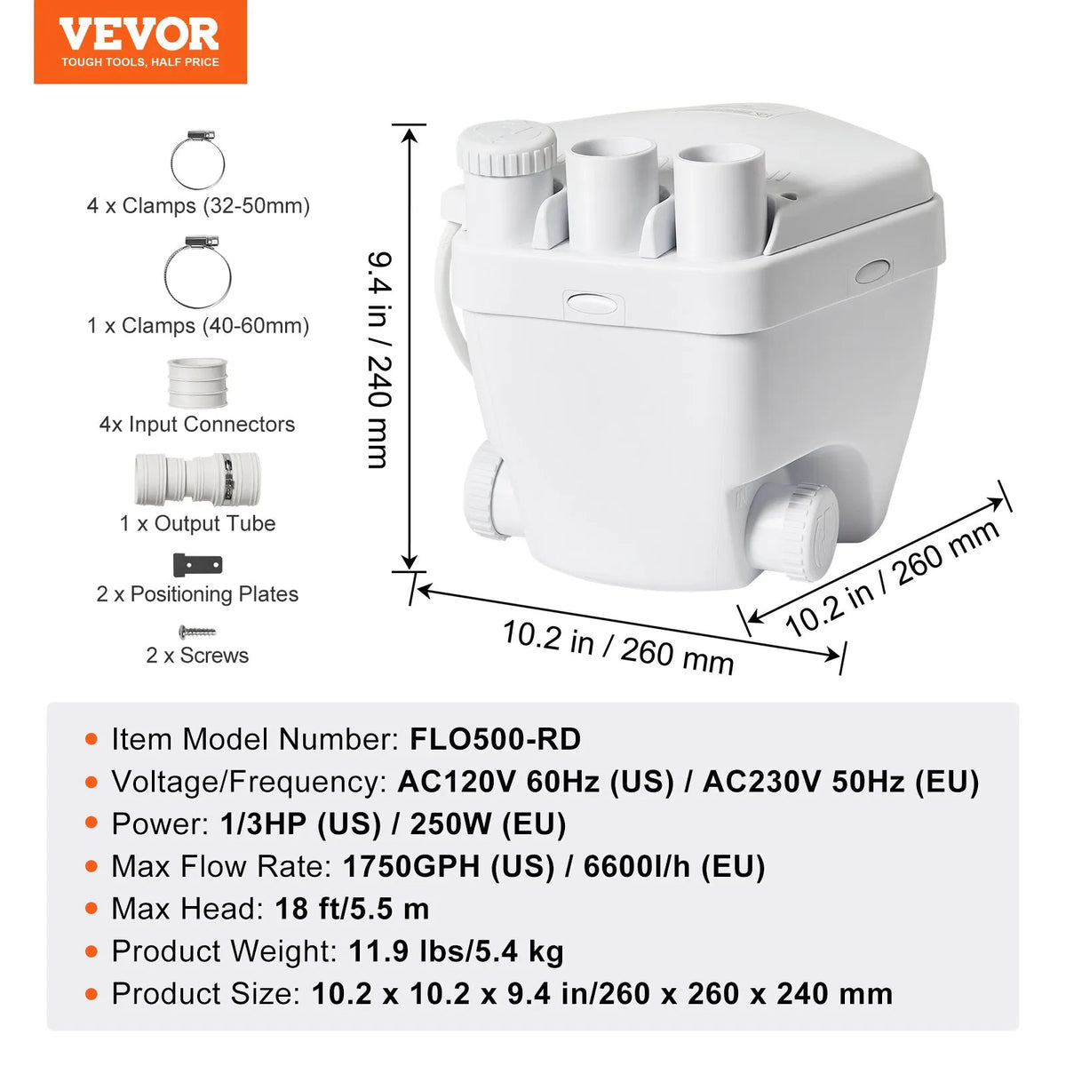 VEVOR saimniecības izlietnes drenāžas sūkņa sistēma 200 W, plūsma līdz 5700 l/h, pacelšanas augstums 5,5 m, 38 mm izplūde, zema trokšņa līmeņa un pret koroziju izturīgs sūknis villām, pagrabiem, veļas mašīnām, izlietnēm un bāriem