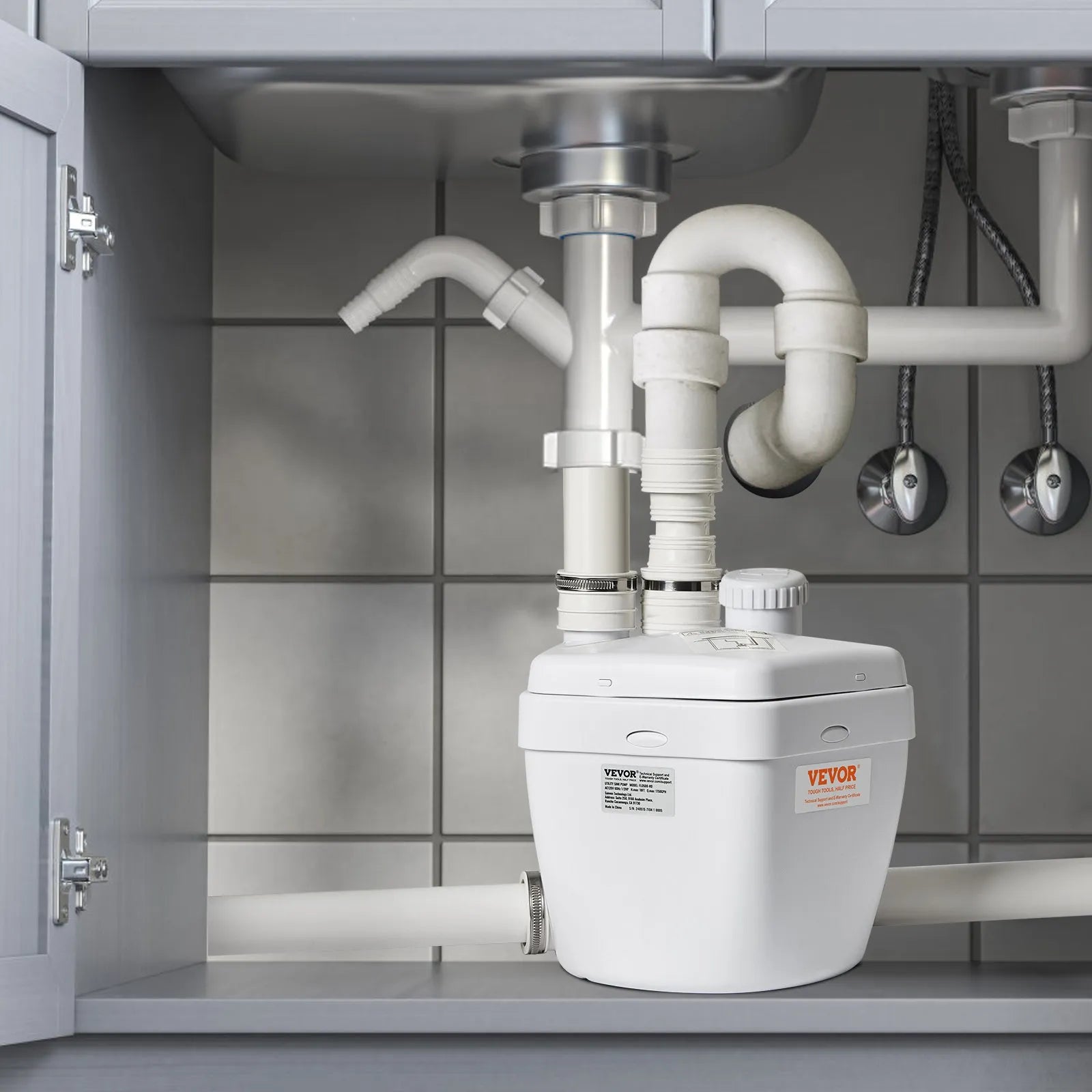 VEVOR saimniecības izlietnes drenāžas sūkņa sistēma 200 W, plūsma līdz 5700 l/h, pacelšanas augstums 5,5 m, 38 mm izplūde, zema trokšņa līmeņa un pret koroziju izturīgs sūknis villām, pagrabiem, veļas mašīnām, izlietnēm un bāriem