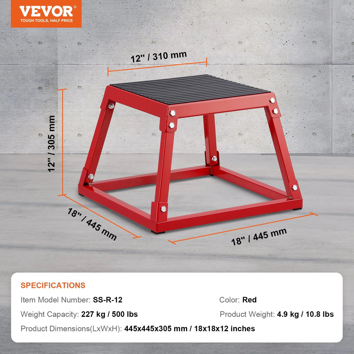 Plyometriskā lēcienu kaste 30 cm, tērauda neslīdoša platforma mājas treniņiem, sarkana