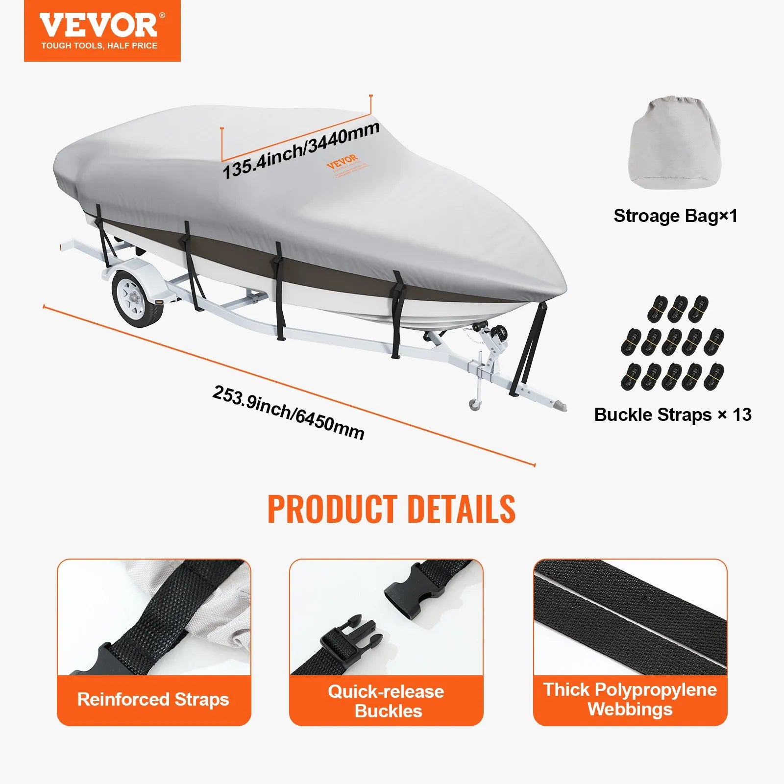 VEVOR Laivu pārsegs, 5180–5790 mm, piekabējams, ūdensdrošs, 600D jūras klases PU Oxford, ar motora pārsegu un sprādžu siksnām, piemērots V-veida, trīsstūrveida, Fish Ski, Runabout, Bass laivām