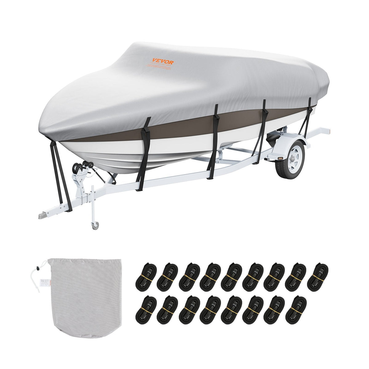 Laivas pārsegs VEVOR 600D, 7010–7310 mm, ūdensizturīgs, pelēks, ar motora pārsegu un siksnām – piemērots V-Hull, Tri-Hull, Fish Ski, Runabout, Bass laivām