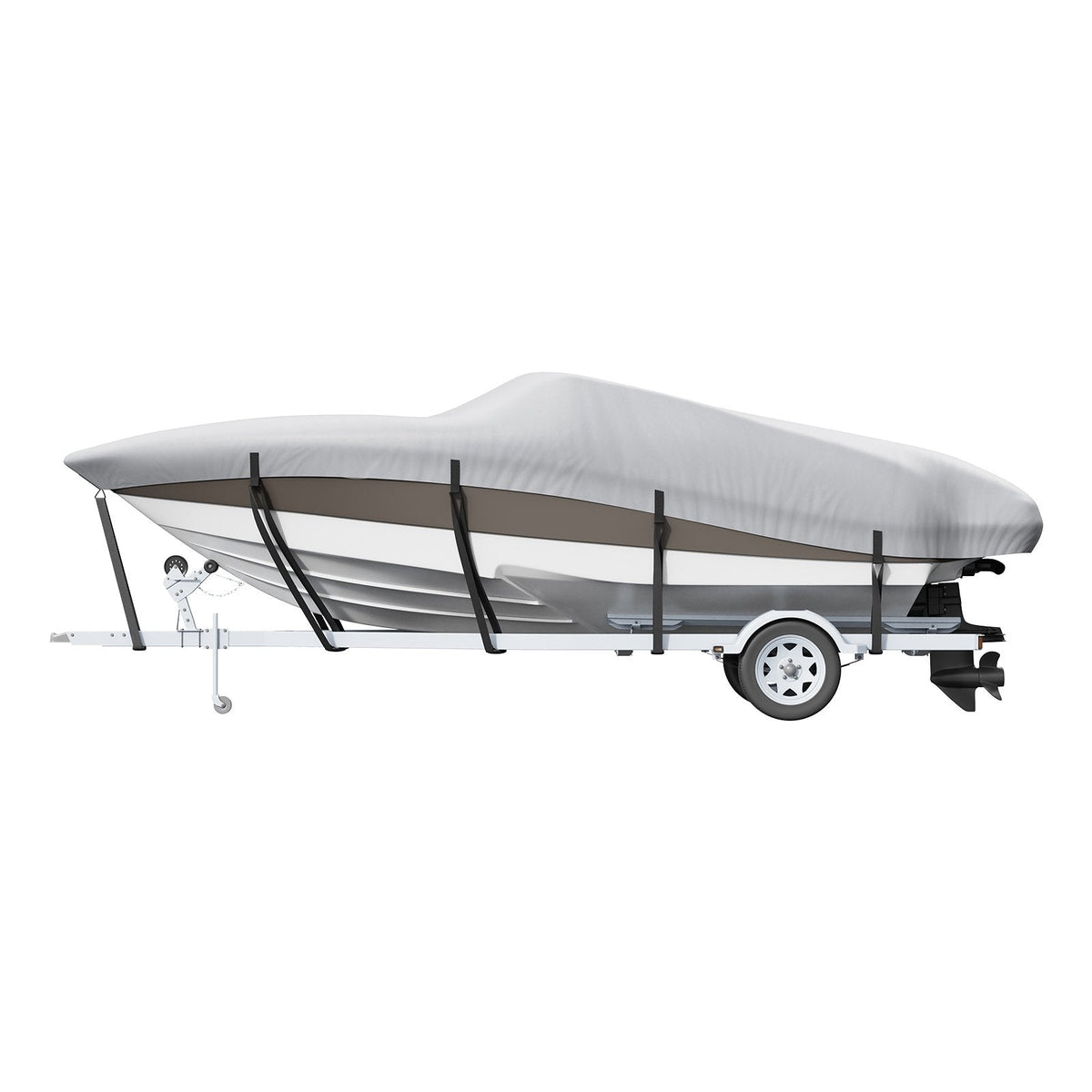 Laivas pārsegs VEVOR 600D, 7010–7310 mm, ūdensizturīgs, pelēks, ar motora pārsegu un siksnām – piemērots V-Hull, Tri-Hull, Fish Ski, Runabout, Bass laivām