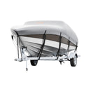 Laivas pārsegs VEVOR 600D, 7010–7310 mm, ūdensizturīgs, pelēks, ar motora pārsegu un siksnām – piemērots V-Hull, Tri-Hull, Fish Ski, Runabout, Bass laivām