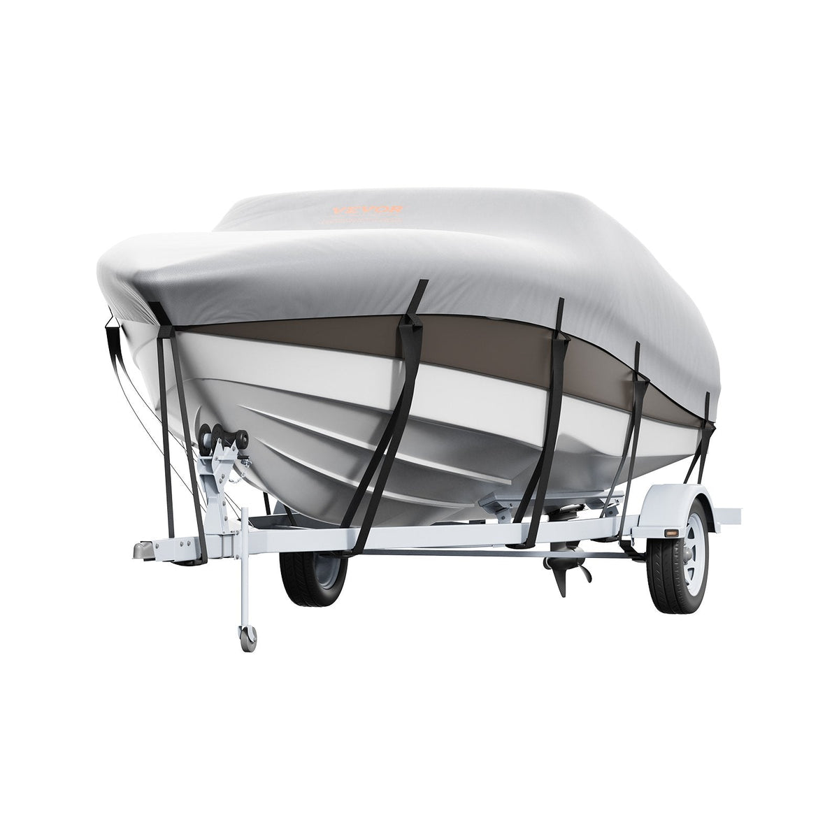 Laivas pārsegs VEVOR 600D, 7010–7310 mm, ūdensizturīgs, pelēks, ar motora pārsegu un siksnām – piemērots V-Hull, Tri-Hull, Fish Ski, Runabout, Bass laivām