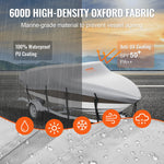 Laivas pārsegs VEVOR 600D, 7010–7310 mm, ūdensizturīgs, pelēks, ar motora pārsegu un siksnām – piemērots V-Hull, Tri-Hull, Fish Ski, Runabout, Bass laivām