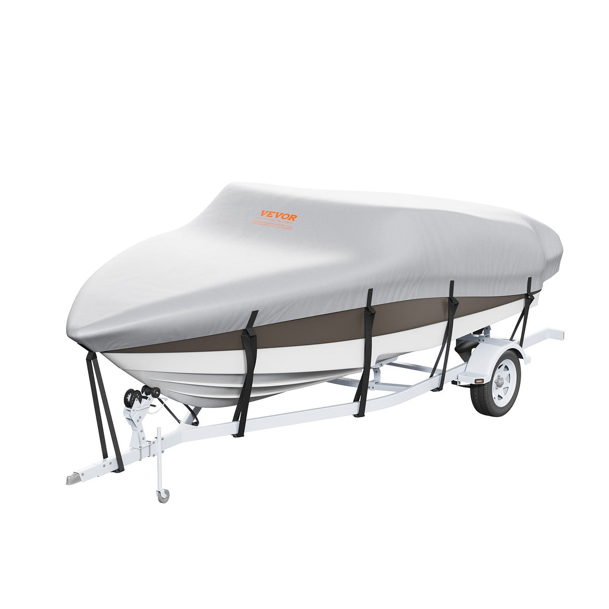 Laivas pārsegs VEVOR 600D, 7010–7310 mm, ūdensizturīgs, pelēks, ar motora pārsegu un siksnām – piemērots V-Hull, Tri-Hull, Fish Ski, Runabout, Bass laivām