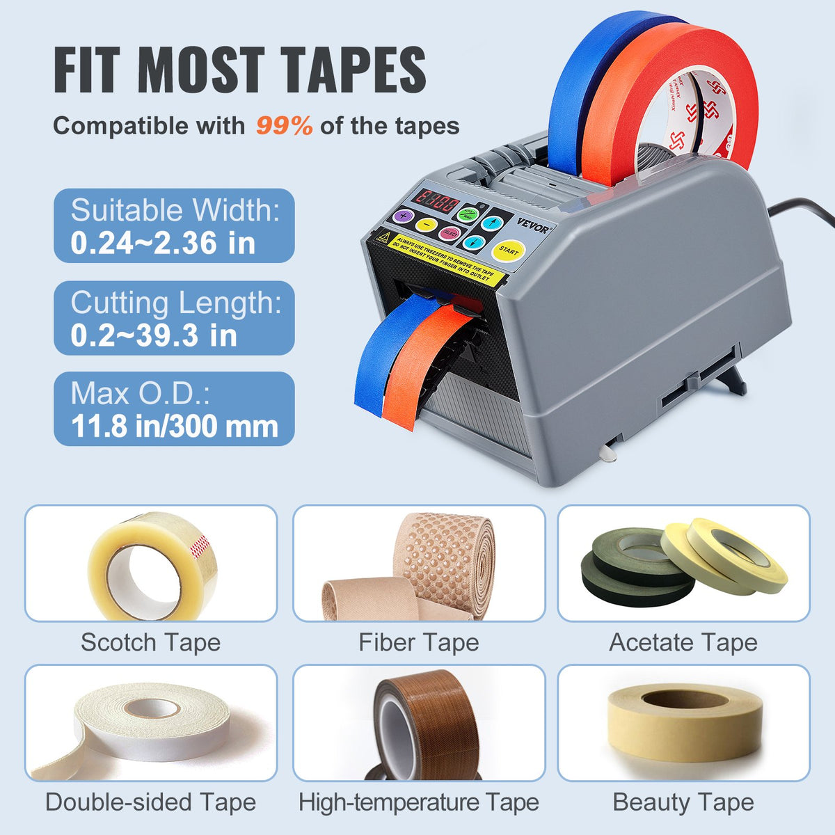 VEVOR Zcut-9 automatic tape dispenser with 6 preset cutting lengths | tape width 6-60 mm