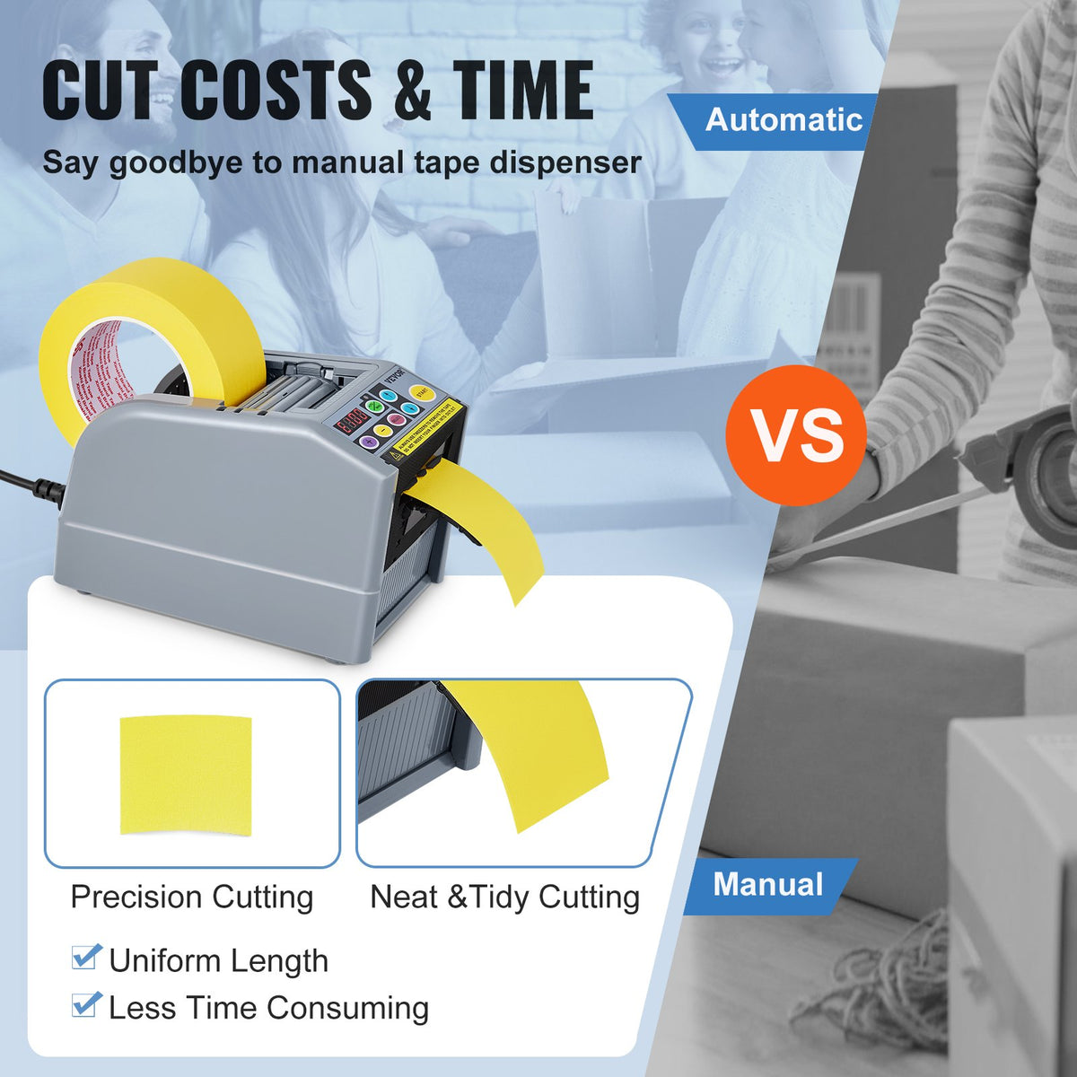 VEVOR Zcut-9 automatic tape dispenser with 6 preset cutting lengths | tape width 6-60 mm
