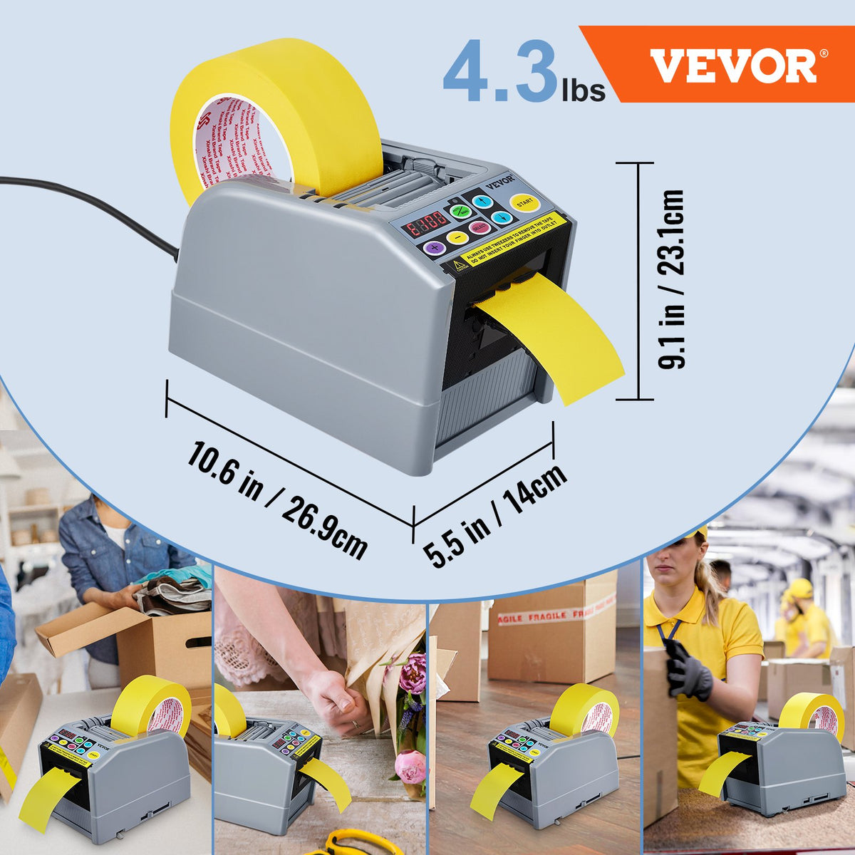 VEVOR Zcut-9 automatic tape dispenser with 6 preset cutting lengths | tape width 6-60 mm
