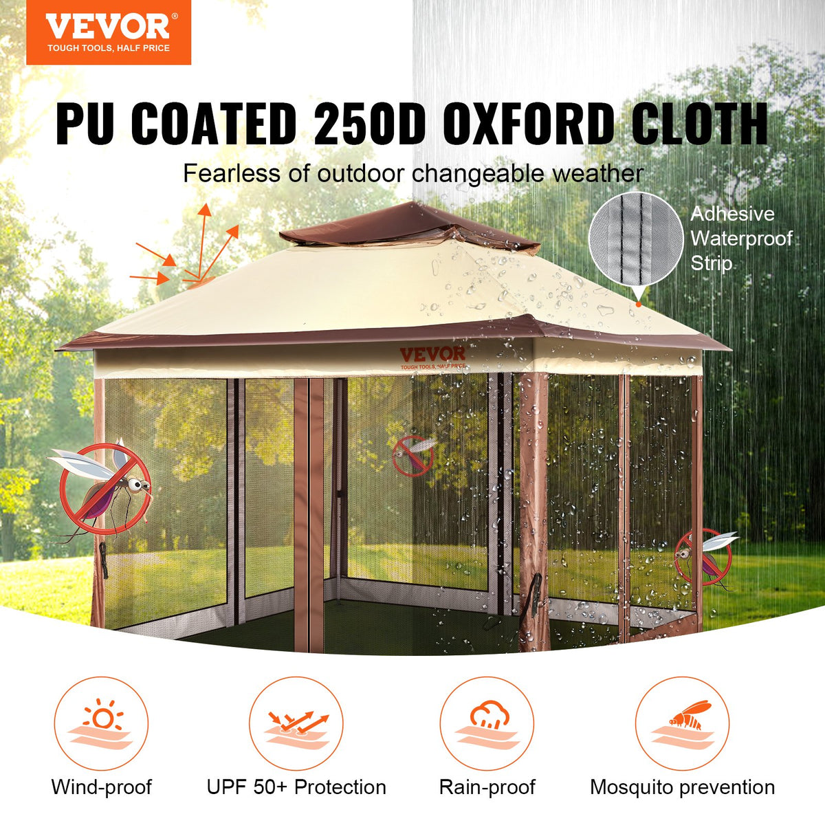 VEVOR Открытая беседка 3,3 x 3,3 м с антимоскитной сеткой, прочным стальным каркасом и покрытием 250D Oxford, идеально подходит для отдыха, вечеринок на открытом воздухе и садовых мероприятий, светло-коричневый