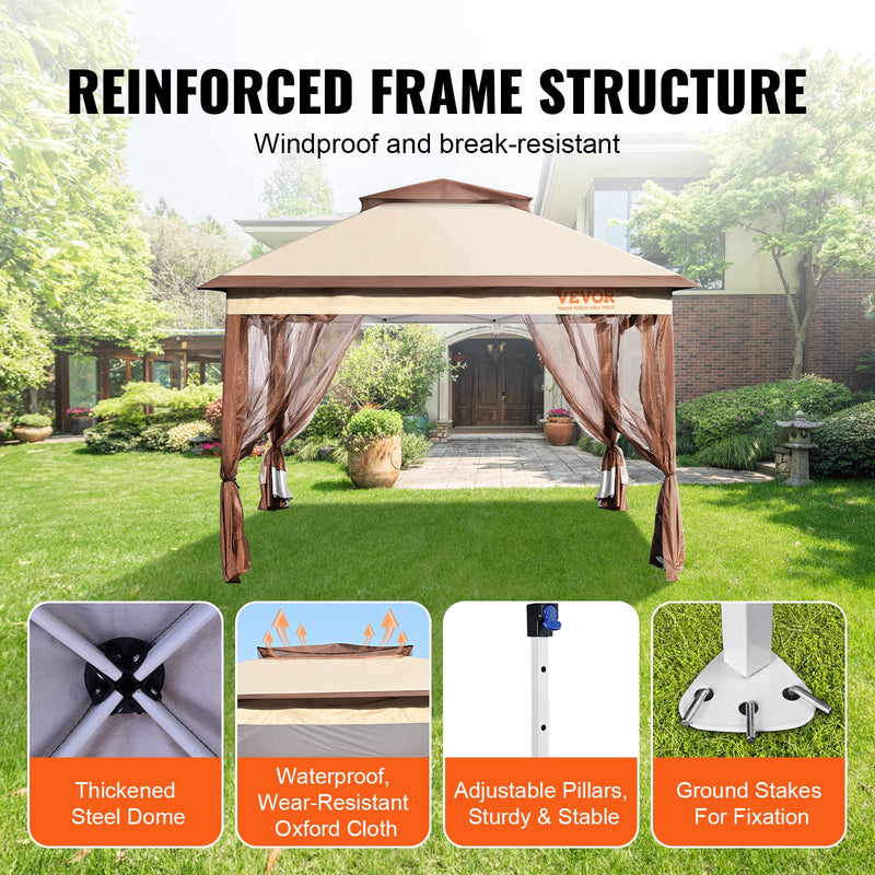 VEVOR Outdoor gazebo 3.3 x 3.3 m with anti-mosquito net and durable steel frame and 250D Oxford coating, ideal for relaxation, outdoor parties and garden events, light brown