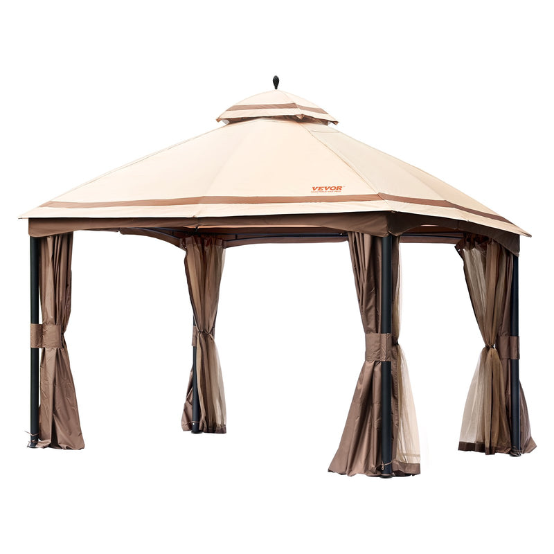 VEVOR Outdoor gazebo 3 x 4 m with mosquito netting and sturdy steel frame and 180 G polyester with PU coating, ideal for relaxation, outdoor parties and garden events, light brown