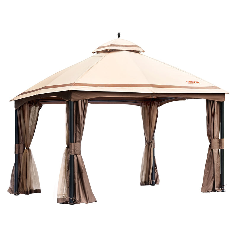 VEVOR Outdoor gazebo 3 x 4 m with mosquito netting and sturdy steel frame and 180 G polyester with PU coating, ideal for relaxation, outdoor parties and garden events, light brown