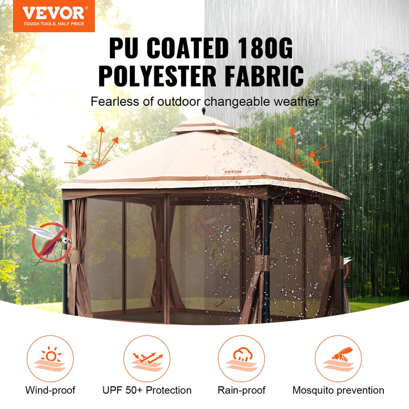VEVOR Outdoor gazebo 3 x 4 m with mosquito netting and sturdy steel frame and 180 G polyester with PU coating, ideal for relaxation, outdoor parties and garden events, light brown