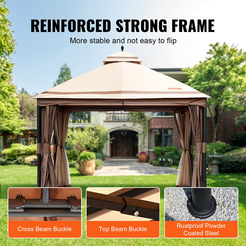 VEVOR Outdoor gazebo 3 x 4 m with mosquito netting and sturdy steel frame and 180 G polyester with PU coating, ideal for relaxation, outdoor parties and garden events, light brown