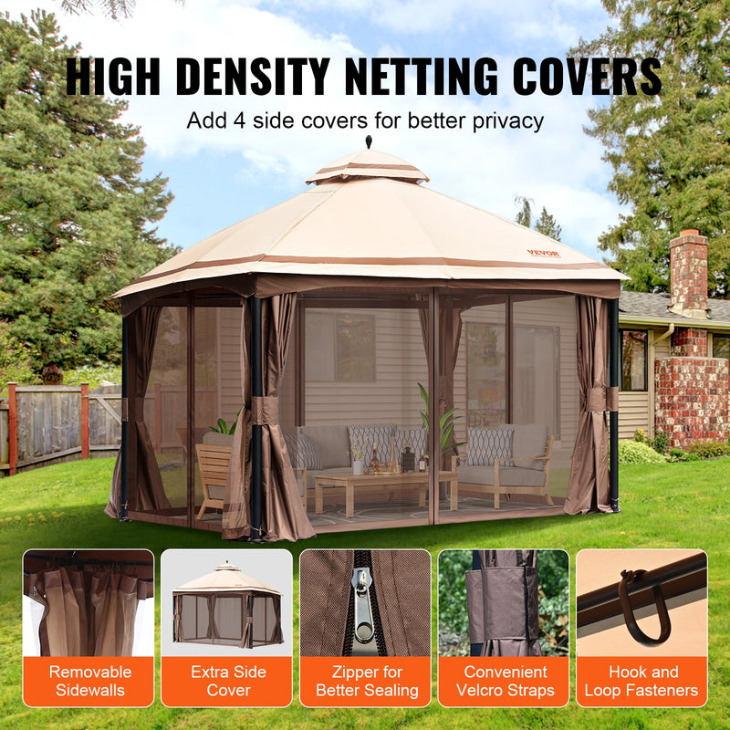 VEVOR Outdoor gazebo 3 x 4 m with mosquito netting and sturdy steel frame and 180 G polyester with PU coating, ideal for relaxation, outdoor parties and garden events, light brown