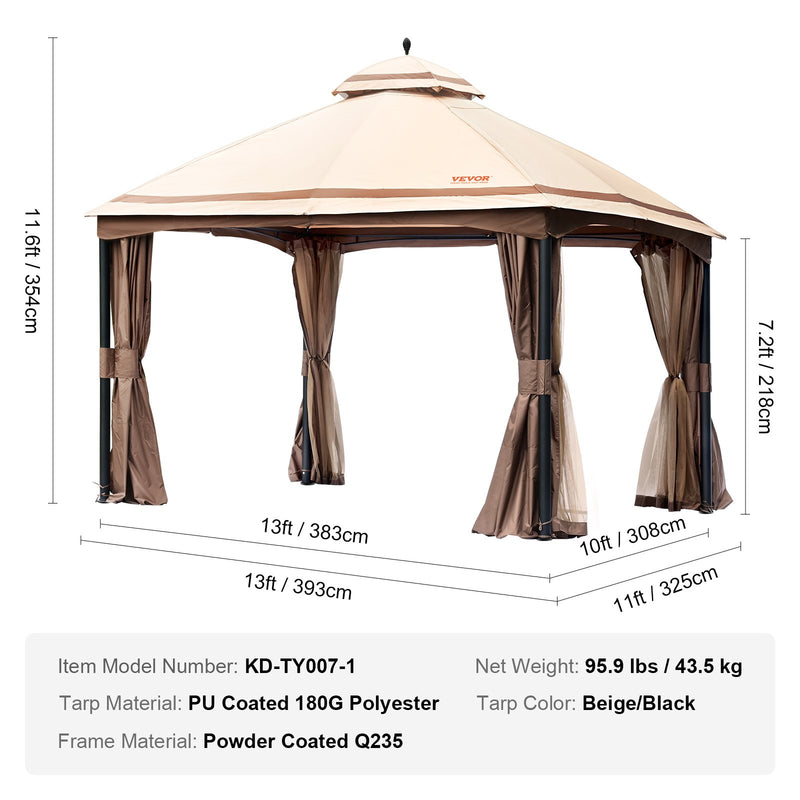 VEVOR Outdoor gazebo 3 x 4 m with mosquito netting and sturdy steel frame and 180 G polyester with PU coating, ideal for relaxation, outdoor parties and garden events, light brown