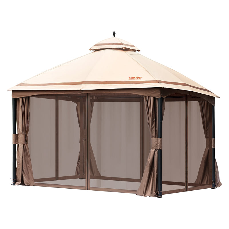 VEVOR Outdoor gazebo 3 x 4 m with mosquito netting and sturdy steel frame and 180 G polyester with PU coating, ideal for relaxation, outdoor parties and garden events, light brown