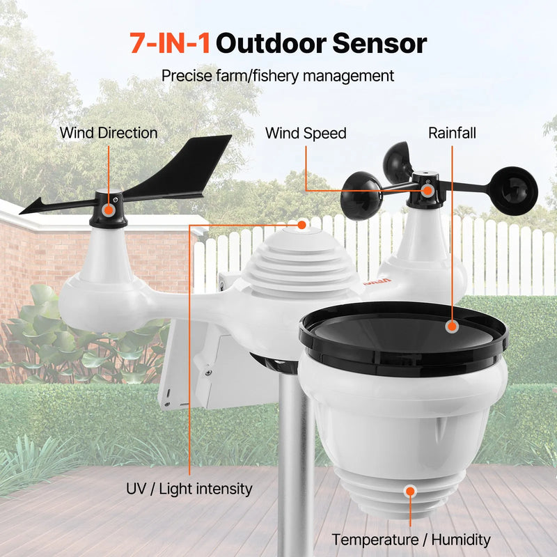 7 in 1 Wi-Fi laika stacijas ar bezvadu āra sensoru un 178 mm TFT displeju