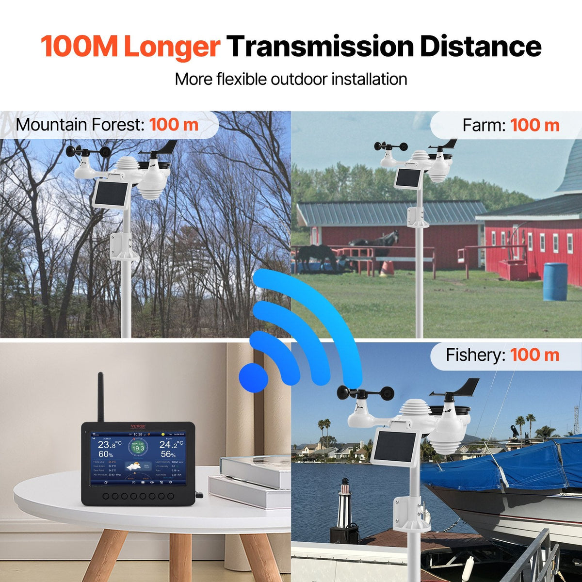 7 in 1 Wi-Fi laika stacijas ar bezvadu āra sensoru un 178 mm TFT displeju