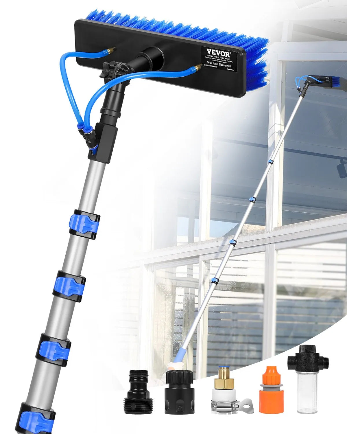 VEVOR 7.3 m Water Spray Cleaning Pole with an extendable handle, a 180° swivel brush head, and a 20 m hose, for cleaning windows and solar panels around the home and for outdoor use; suitable for campers and patios