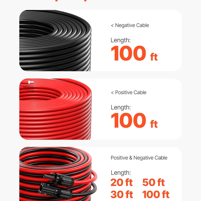VEVOR saules paneļu pagarinājuma kabelis 30,48 m, 6 mm², IP67 ūdensizturīgs PV kabelis mājas, kuģu un kemperu saules paneļiem, melns