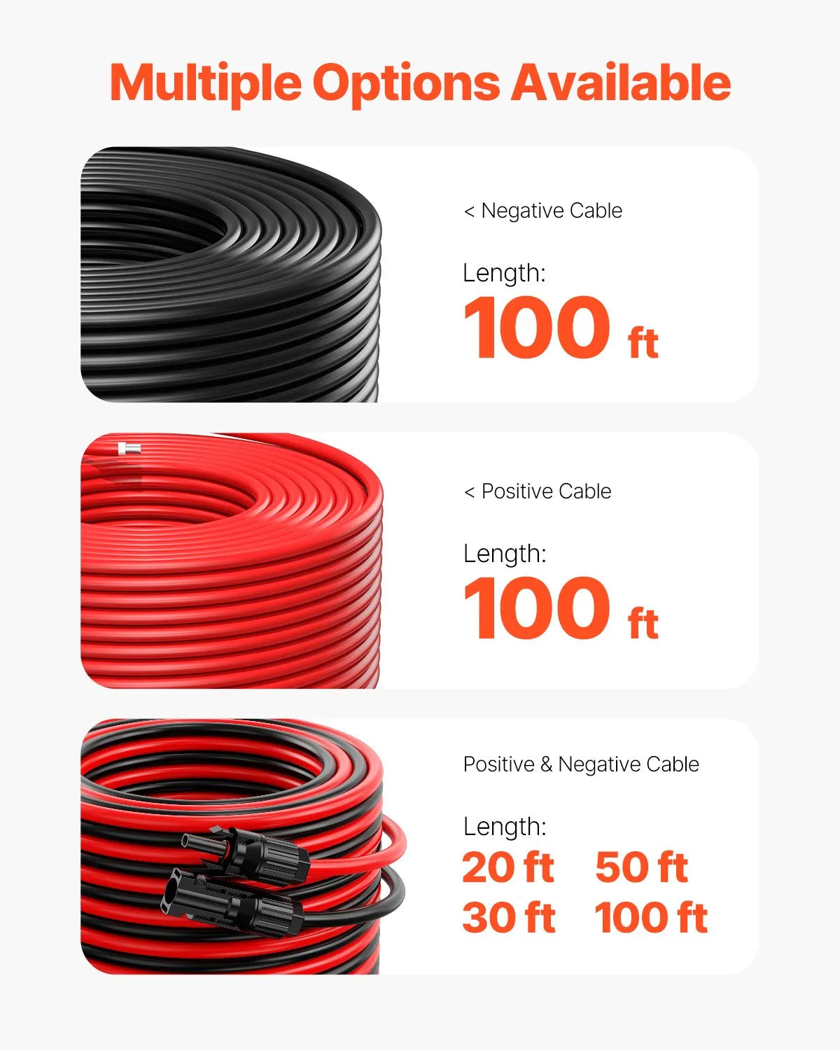VEVOR saules paneļu pagarinājuma kabelis 30,48 m, 6 mm², IP67 ūdensizturīgs PV kabelis mājas, kuģu un kemperu saules paneļiem, melns