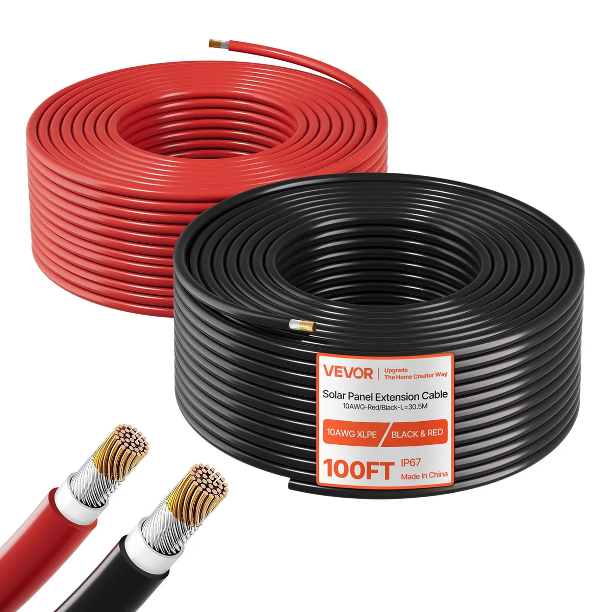 VEVOR saules paneļu pagarinātājkabeļu komplekts, 30,48m melns + 30,48m sarkans, 6mm², alvota vara PV kabelis, IP67, mājas, autonomām fotoelektriskajām sistēmām, automašīnām, kemperiem un laivām