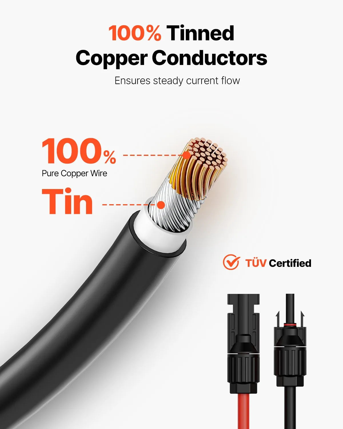 VEVOR 6,1 m (20 ft) saules paneļu pagarinātājkabelis ar sieviešu un vīriešu savienotājiem, 10 AWG / 6 mm², 1 pāris.