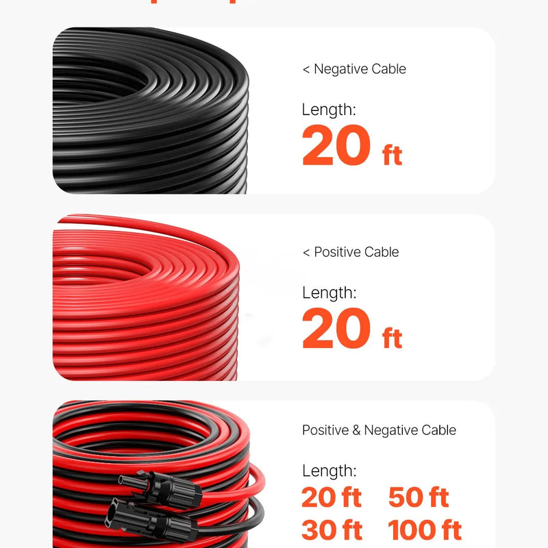 VEVOR 6,1 m (20 ft) saules paneļu pagarinātājkabelis ar sieviešu un vīriešu savienotājiem, 10 AWG / 6 mm², 1 pāris.