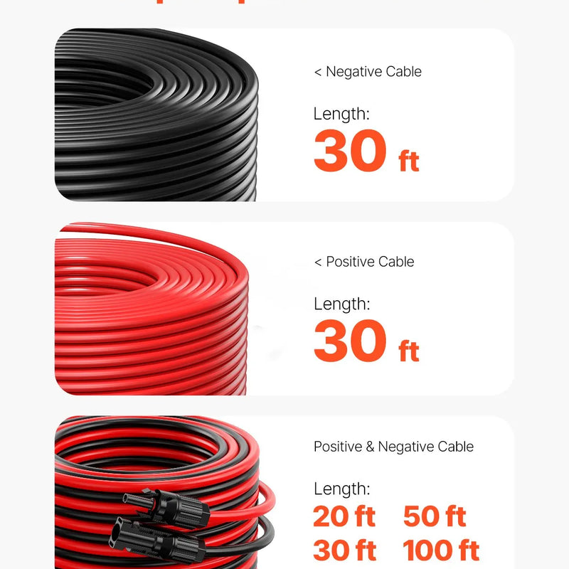 VEVOR 9,14 m saules paneļu pagarinājuma kabeļu komplekts, 6 mm² PV kabeļi ar ūdensizturīgiem savienotājiem, melns un sarkans, paredzēti mājas, kuģu un kemperu saules paneļiem (2 gab.)