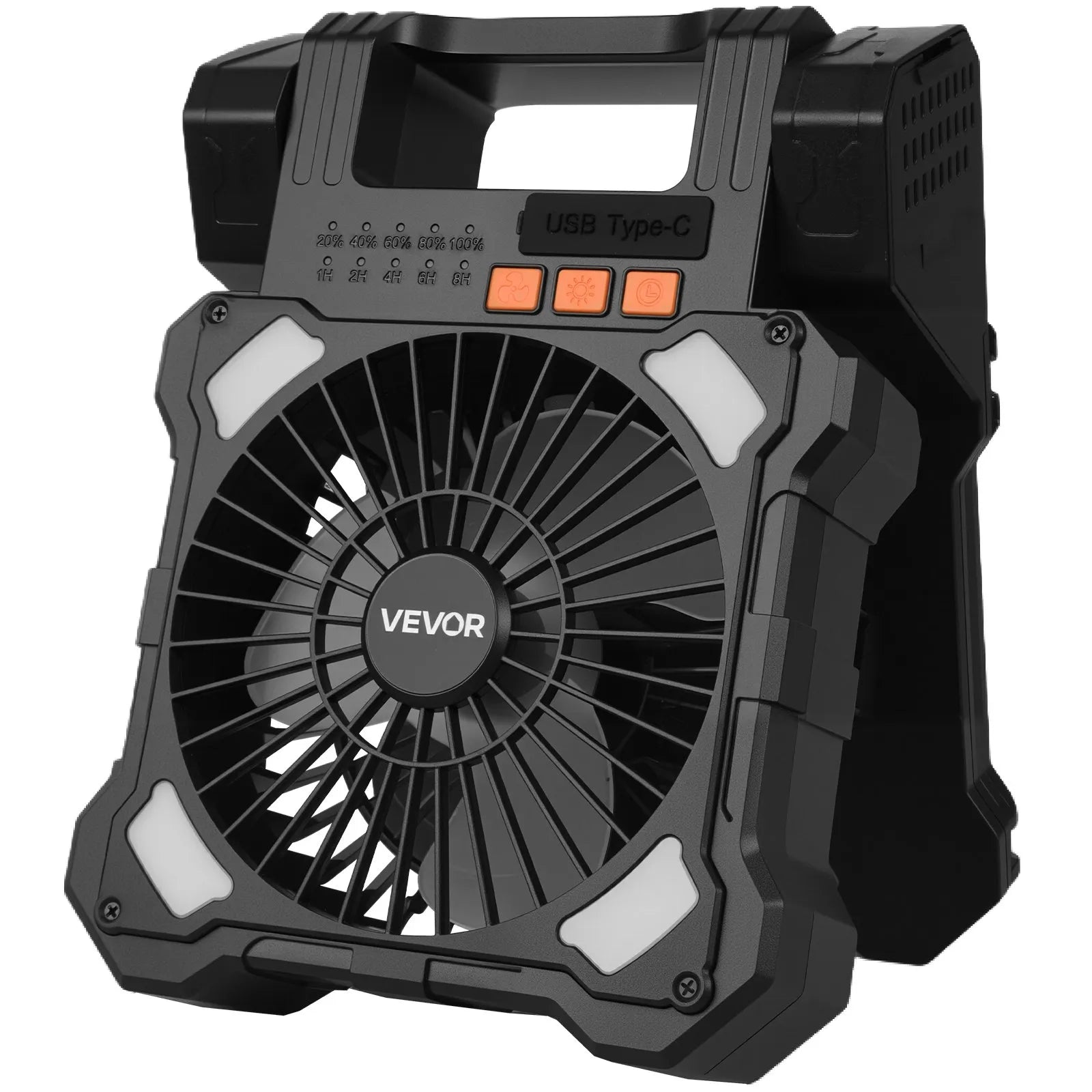 VEVOR Rechargeable Solar Fan 20,000 mAh with LED Lantern, 20 cm Portable Cordless Fan with 7 W Foldable Solar Panel, 5 Speeds, Timer, Quiet, USB power for camping, tents, and work