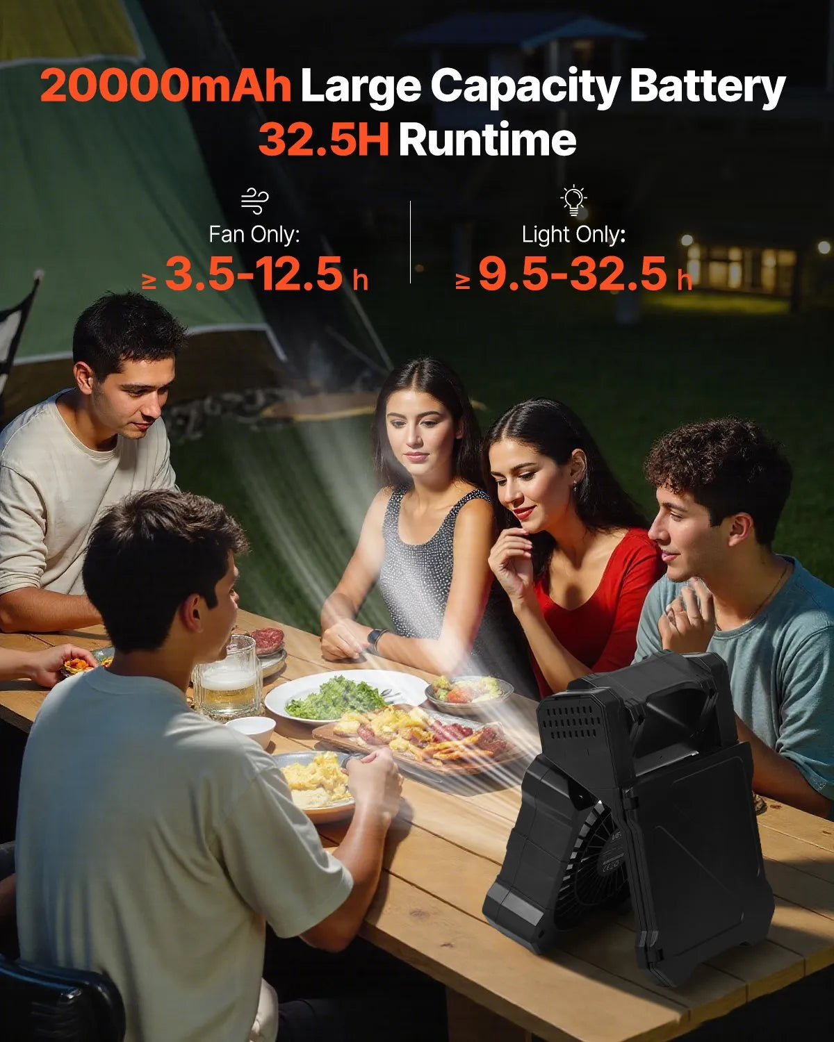 VEVOR uzlādējams saules ventilators 20 000 mAh ar LED laternu, 20 cm pārnēsājams bezvadu ventilators ar 7 W salokāmu saules paneli, 5 ātrumi, taimeris, kluss, USB barošana kempingam, teltij un darbam