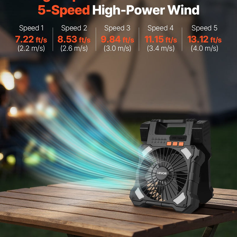 VEVOR uzlādējams saules ventilators 20 000 mAh ar LED laternu, 20 cm pārnēsājams bezvadu ventilators ar 7 W salokāmu saules paneli, 5 ātrumi, taimeris, kluss, USB barošana kempingam, teltij un darbam