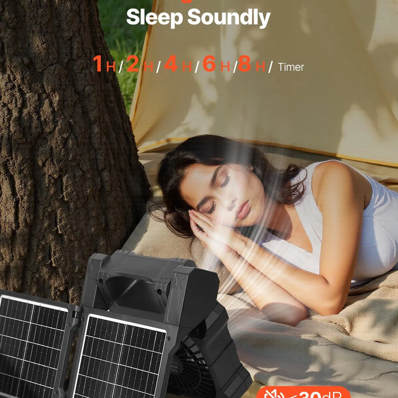 VEVOR uzlādējams saules ventilators 20 000 mAh ar LED laternu, 20 cm pārnēsājams bezvadu ventilators ar 7 W salokāmu saules paneli, 5 ātrumi, taimeris, kluss, USB barošana kempingam, teltij un darbam