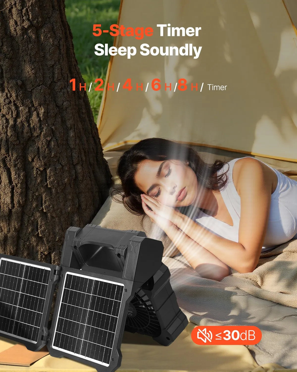 VEVOR uzlādējams saules ventilators 20 000 mAh ar LED laternu, 20 cm pārnēsājams bezvadu ventilators ar 7 W salokāmu saules paneli, 5 ātrumi, taimeris, kluss, USB barošana kempingam, teltij un darbam
